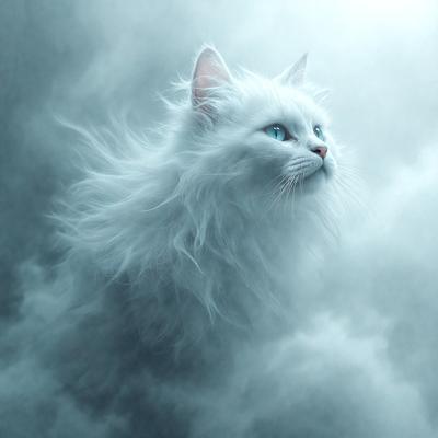 The primary subject of the image is a white cat with long hair, standing in a cloudy sky. The cat appears to be looking upwards, possibly observing something in the distance. The setting is a cloudy sky, which provides a dramatic backdrop for the cat. The visual style of the image is a combination of photo and digital art, creating a unique and captivating scene. The dominant colors in the image are white and gray, which contribute to the overall atmosphere of the scene.